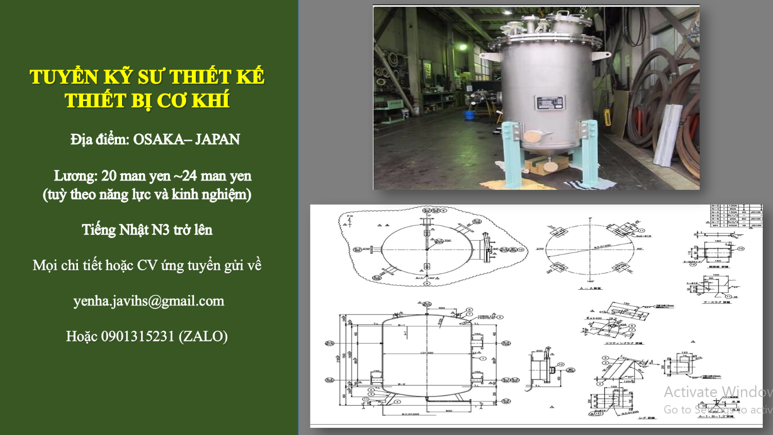 Tuyển dụng Kỹ Sư Thiết kế Thiết Bị Cơ Khí (Osaka-Nhật Bản)