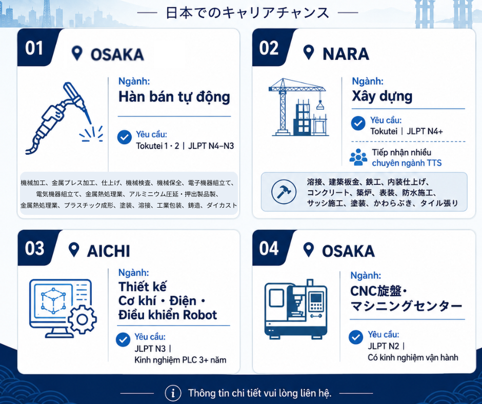 TOKUTEI HÀN , XÂY DỰNG & KỸ SƯ ĐIỆN VẬN HÀNH MÁY (OSAKA NARA AICHI)