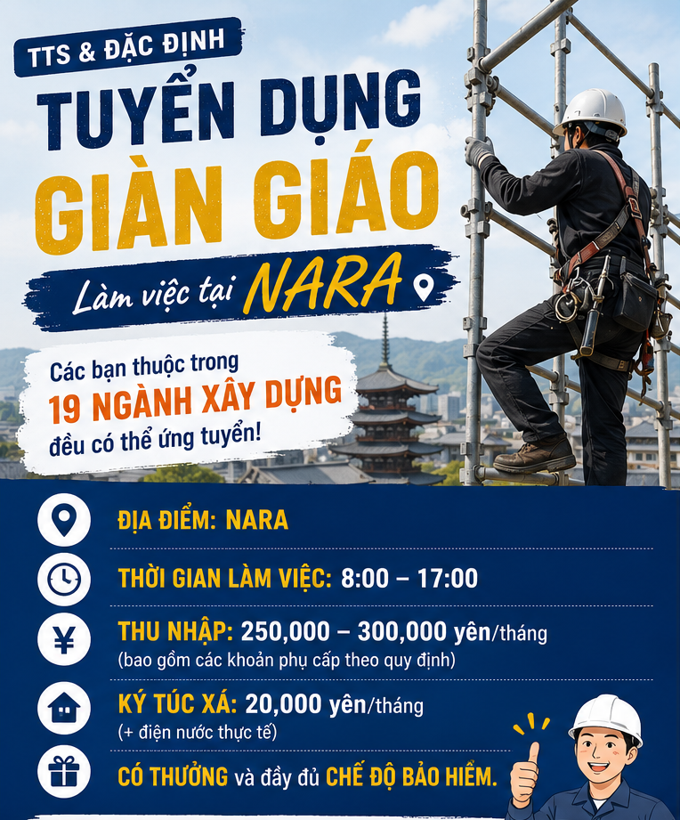 <strong>Tuyển Dụng Xây Dựng Nhật Bản – Tokutei Gino N4 – Lương 250.000–300.000 Yên/Tháng | Làm việc tại Nara</strong>