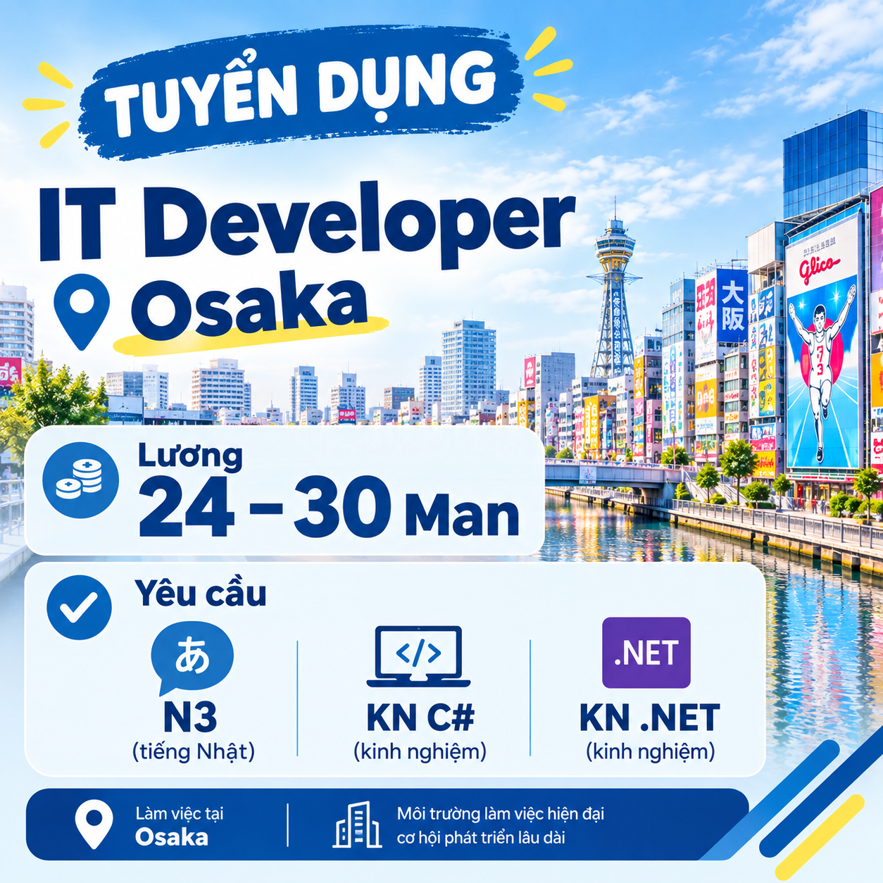 IT Developer (Osaka): 24 – 30 Man (Yêu cầu N3, KN C#, .NET)
